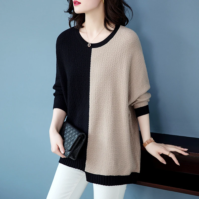 韩版撞色拼接套头针织衫女2019新款秋装宽松圆领长袖毛衣148A