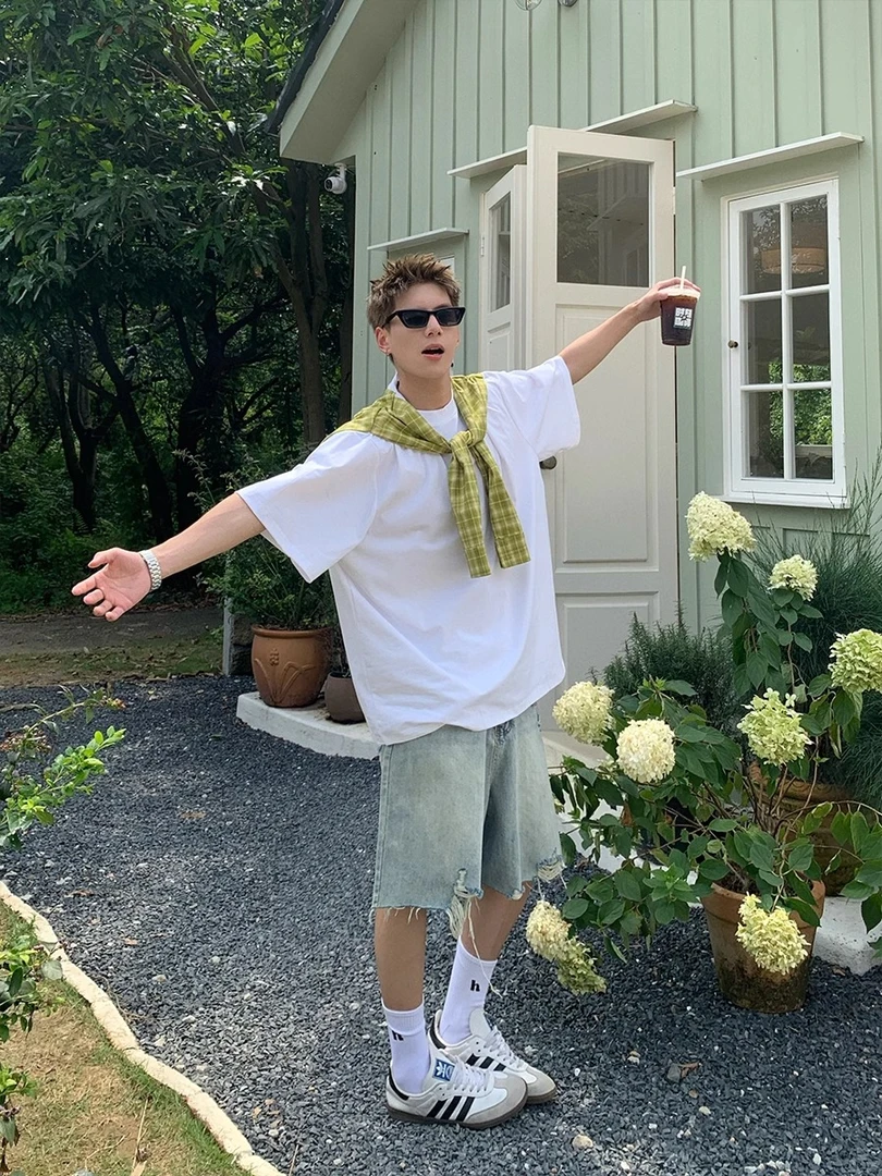 BO原创美式潮牌阳光干净男生穿搭T恤cleanfit短袖男白色T假两件