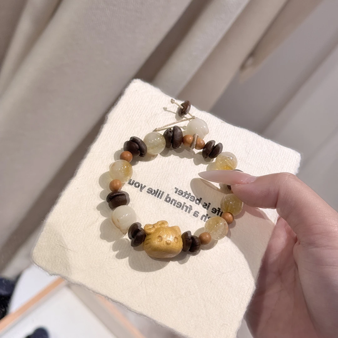 【咖啡豆kitty】天然黄塔晶檀木kitty可爱情侣手链