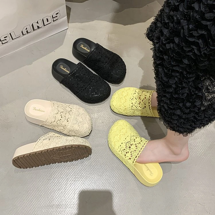 三福2025夏季【花苞拖】高级经典轻奢百搭网红编织一字女鞋半拖鞋子