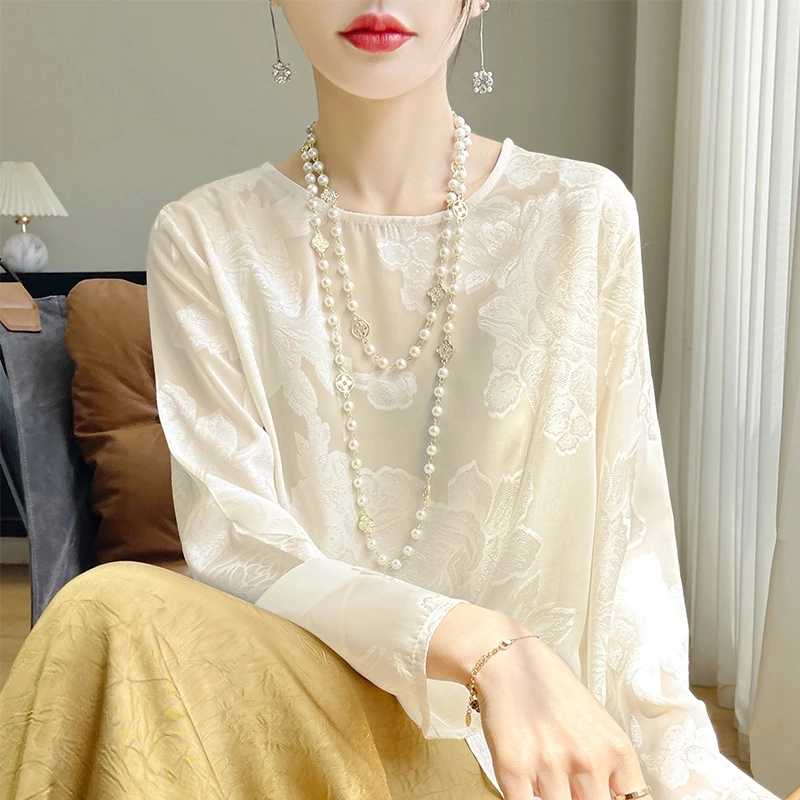 新中式国风防晒衬衫女高级感薄款提花气质长袖t恤上衣小衫YTMA47