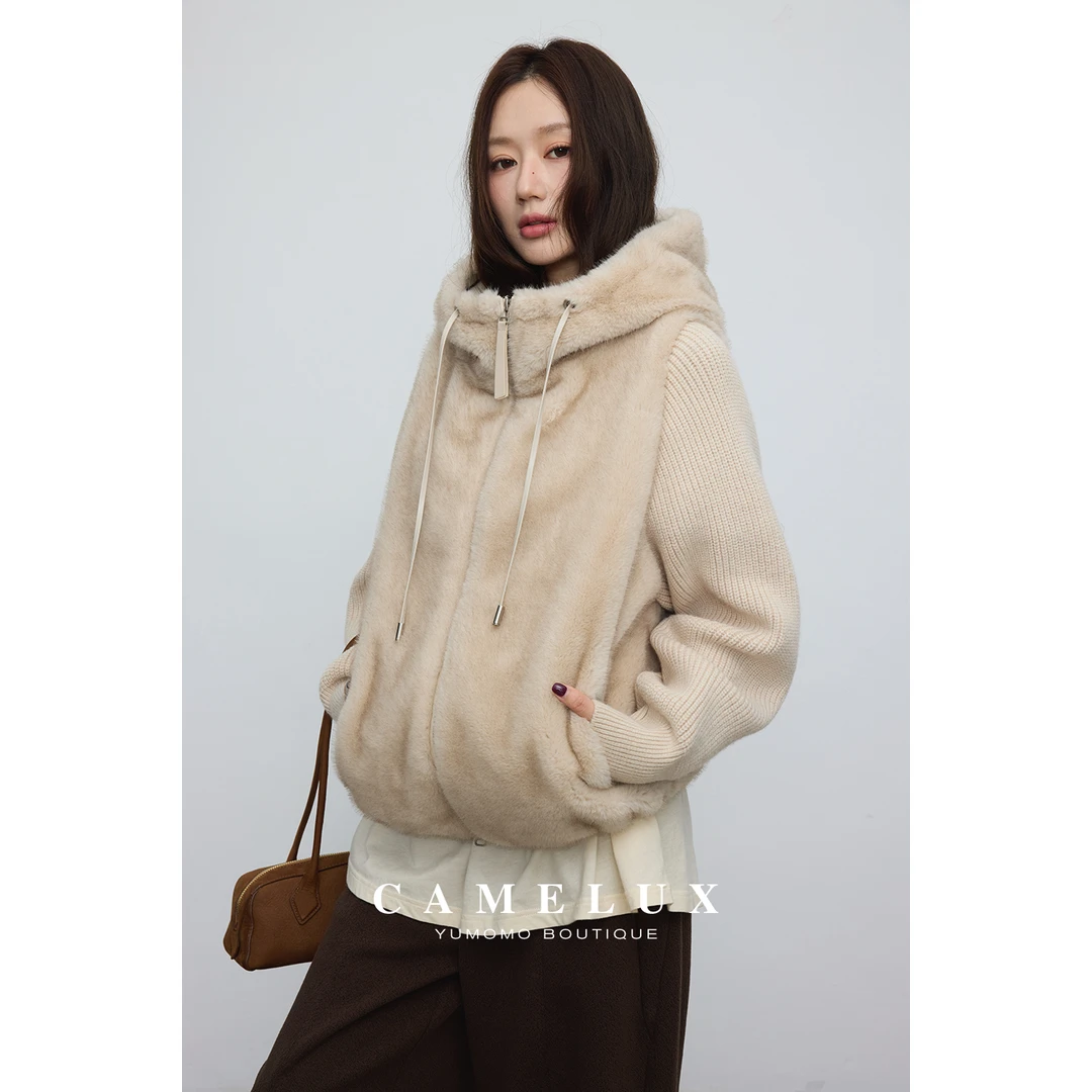 cozy松绒系外套 环保染尖银蓝貂仿毛皮毛一体拼针织 QPA4019