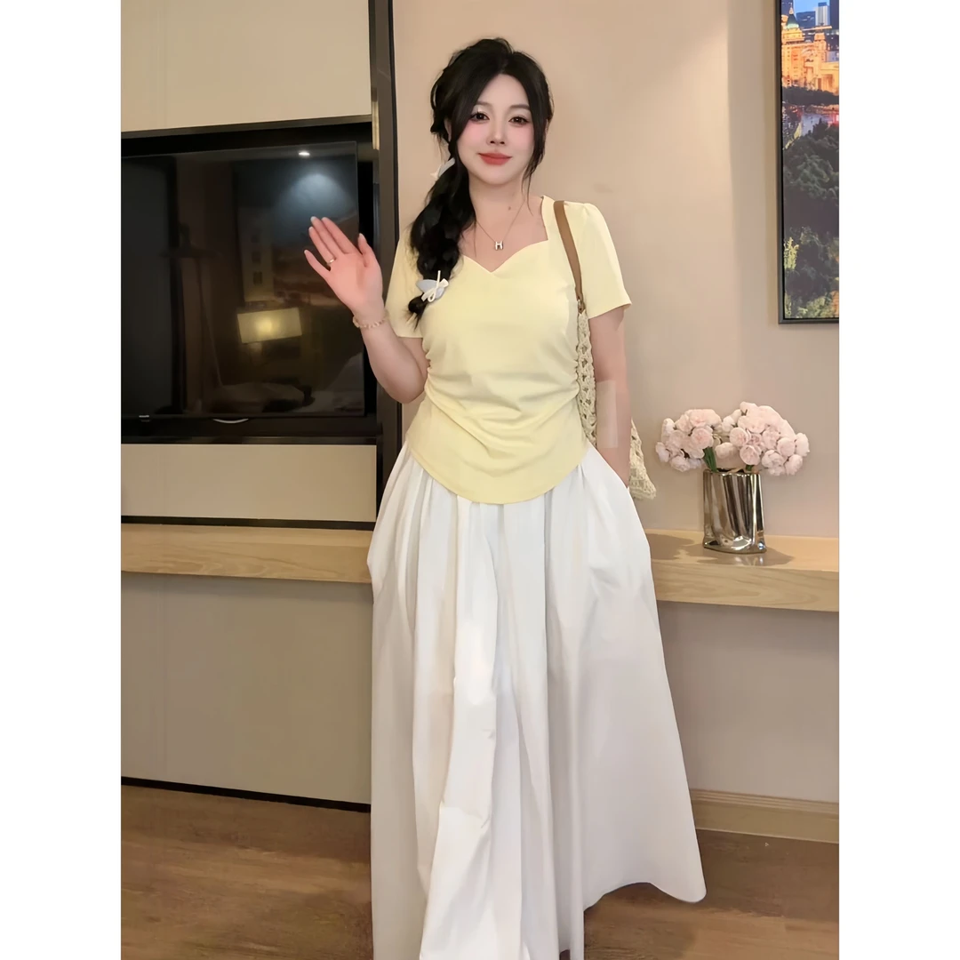 【晶晶】大码胖mm设计感欧若风纯色褶皱长裙子宽松显瘦遮肉拖地裙子