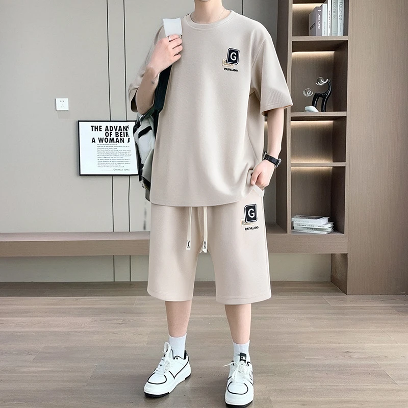 2025夏季新款男士休闲运动套装潮流简约宽松情侣款短袖短裤两件套
