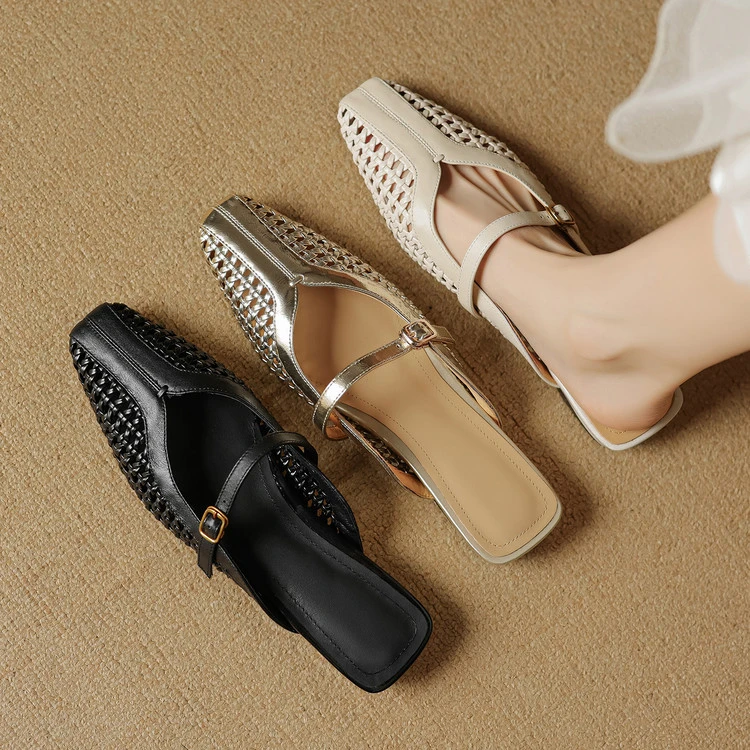 牛皮+编织3cm真皮镂空包头半拖鞋女夏外穿一字带坡跟玛丽珍凉拖鞋