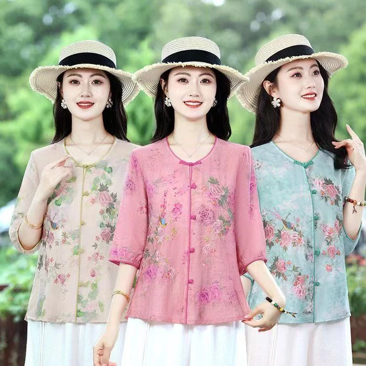 2025夏季时尚新款复古刺绣小衫女减龄上衣新中式国风衬衫上衣