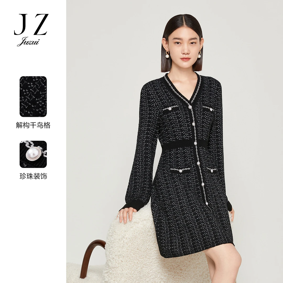 JZ玖姿JTCQ31401轻熟针织裙女装秋季气质V领优雅印花连衣裙