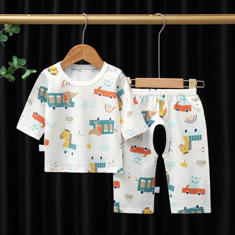 儿童纯棉家居服套装夏天男童睡衣薄款防蚊七分开裆宝宝空调服