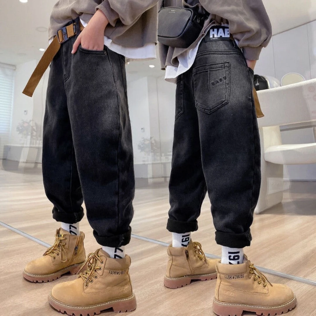 男童加绒牛仔裤秋冬季中大童韩版修身一体绒裤子儿童黑灰色直筒裤