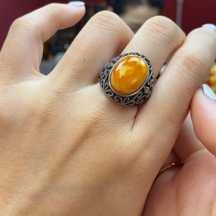 琥珀裸石银S925镶嵌6戒指