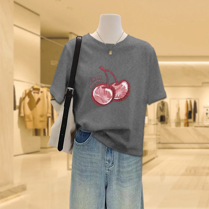 安克拉红短袖纯棉t恤女装百搭新款设计感小众修身显瘦运动风上衣