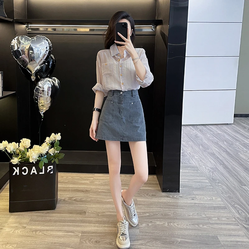 NYING休闲慵懒风条纹衬衫夏秋季2025新款防晒长袖衬衣牛仔裙