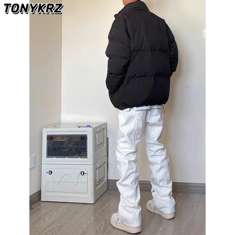 TONYKRZ白色高街裤子男美式vibe复古裤脚扣子修身直筒炸街牛仔裤