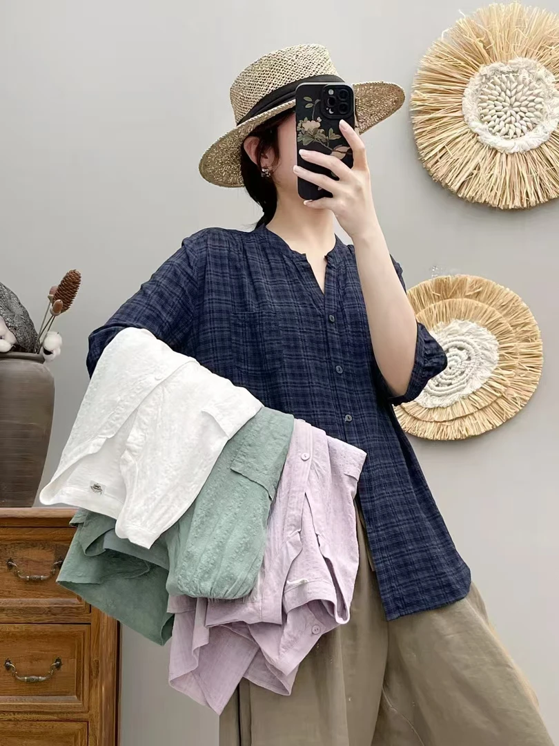 薄款V领中袖夏季清凉一夏百搭格子透气中袖上衣