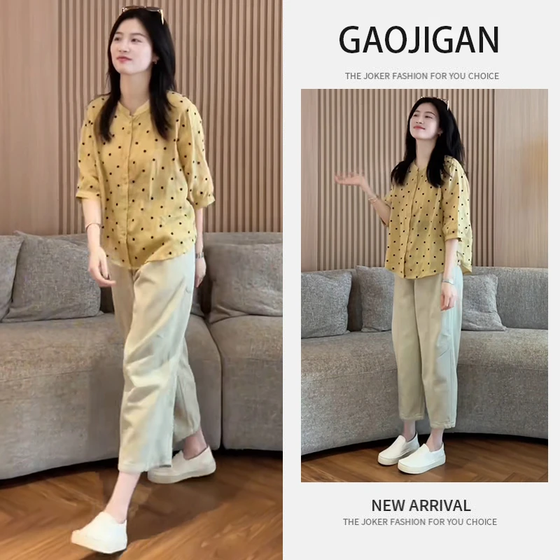 俏皮简约两件套女2025新款时尚气质波点衬衫+高腰遮肚垂感休闲裤