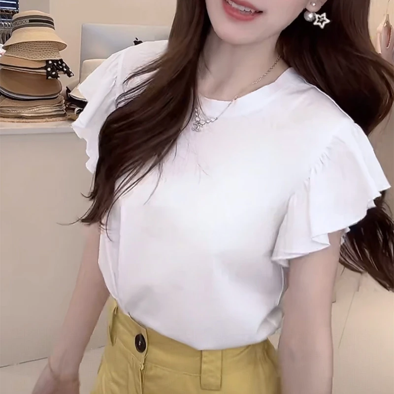 简约风荷叶边设计感短袖t恤女爆款2025切款夏季圆领宽松显瘦上衣