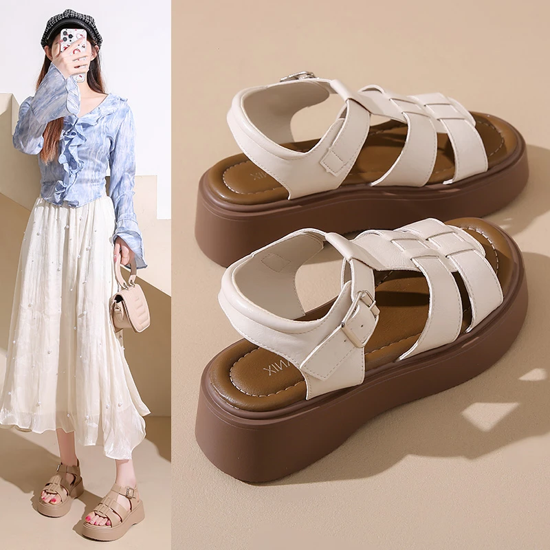 时尚沙滩鞋女外穿2025年春夏季新款复古编织镂空一脚蹬增高凉鞋