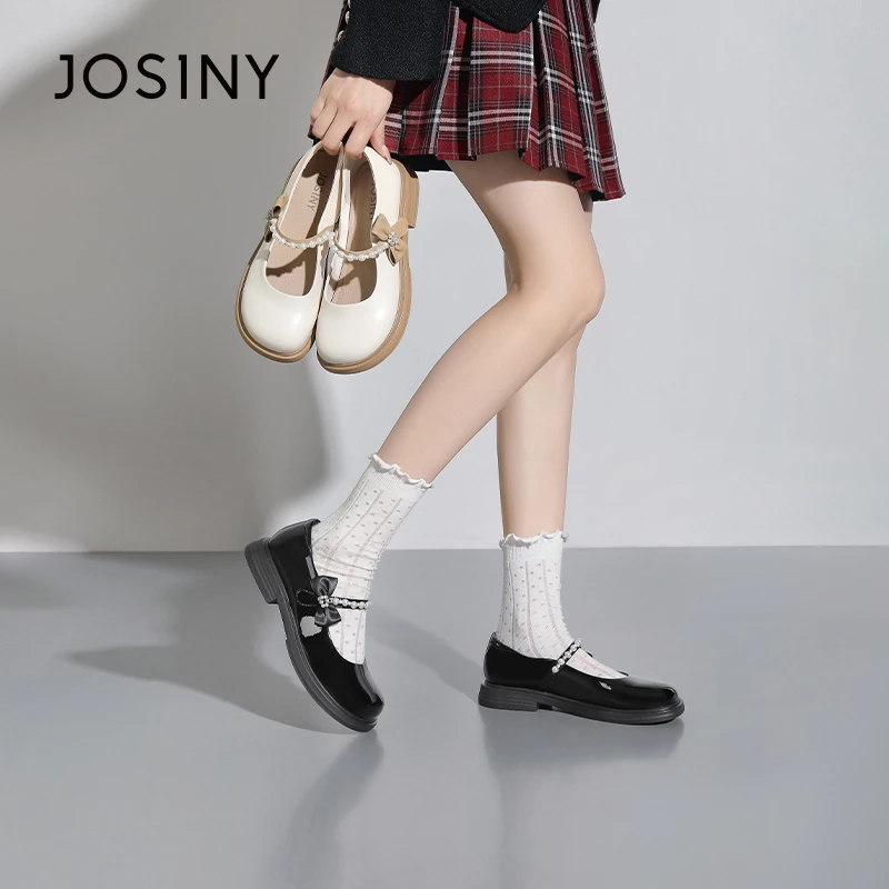 卓诗尼女鞋日系玛丽珍2025春季法式一字带珍珠蝴蝶结女单鞋学院鞋