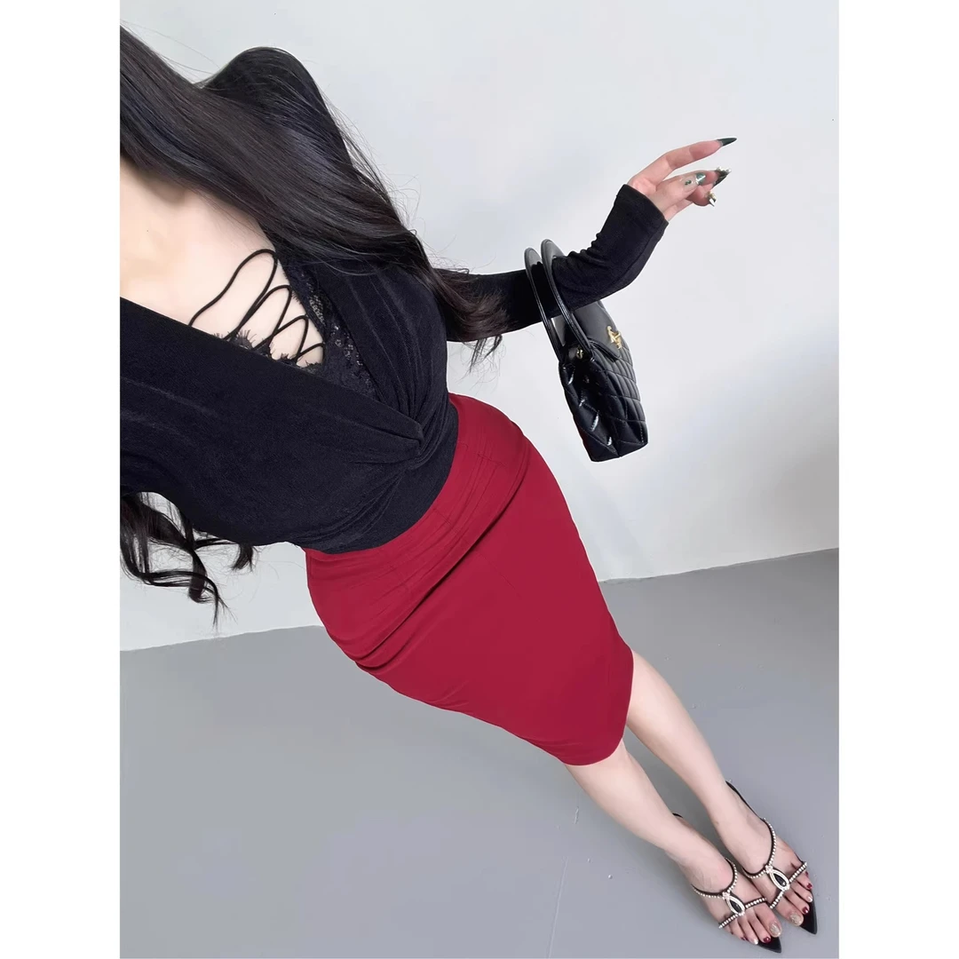 BEI66醉爱性感~扭结V领上衣拼接蕾丝假两件T恤露脐打底衫上衣女