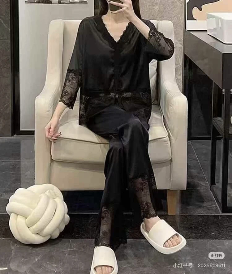 莲儿家.蕾丝高级感冰丝家居服