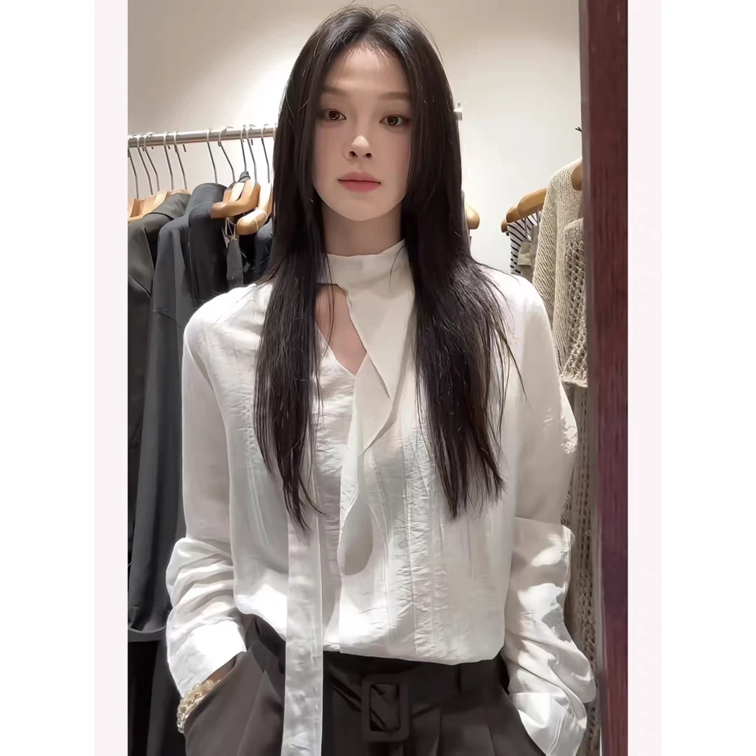 韩系复古甜辣风纯欲风长袖飘带衬衫女秋季宽松休闲百搭上衣00730