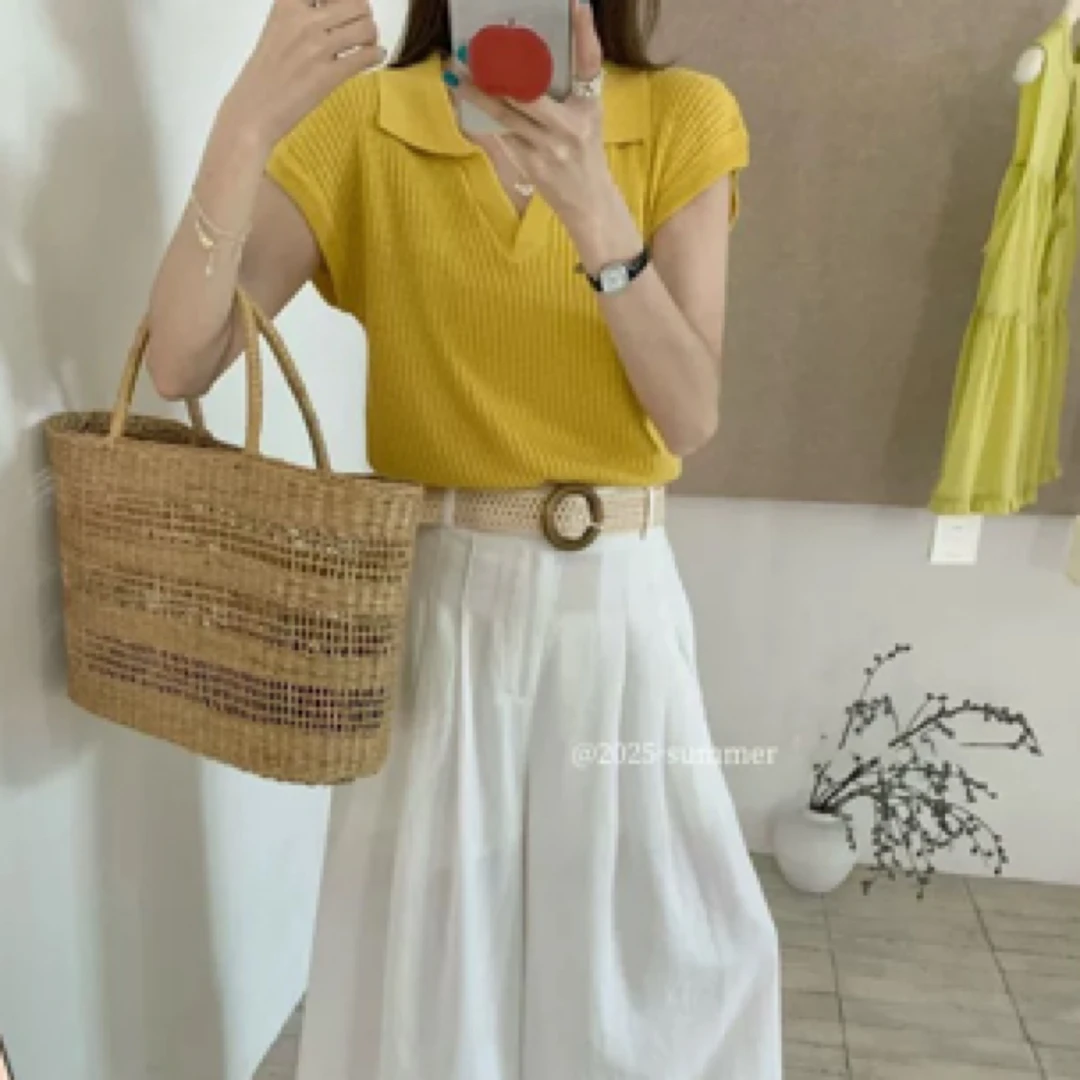 十三行翻领简约冰丝麻针织衫女修身显瘦坎肩袖别致上衣3120