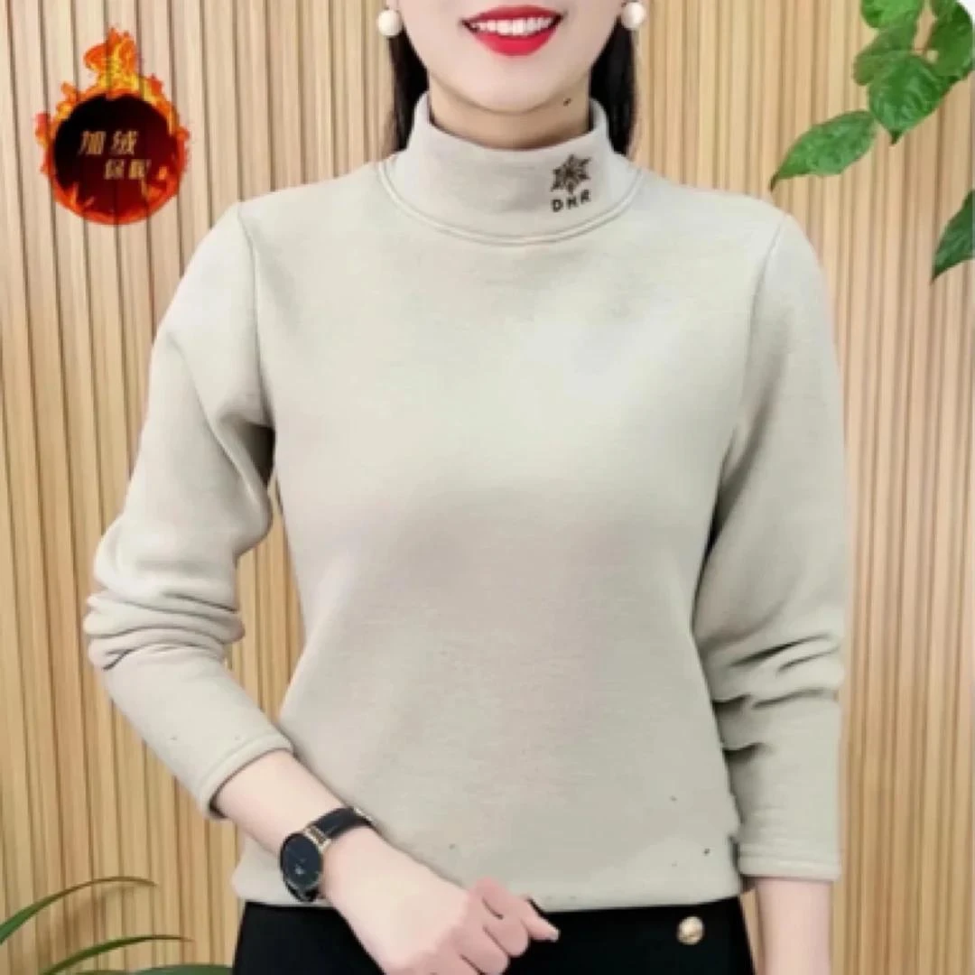 秋冬新款时尚双面绒精致半高领刺绣气质显瘦长袖上衣3