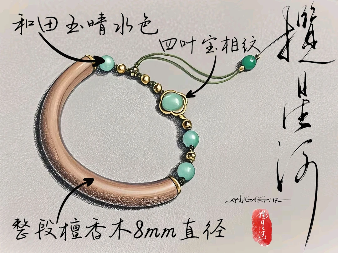 揽星河造物·木隐山海·老山檀香木搭配晴水和田玉+绳编活扣古风