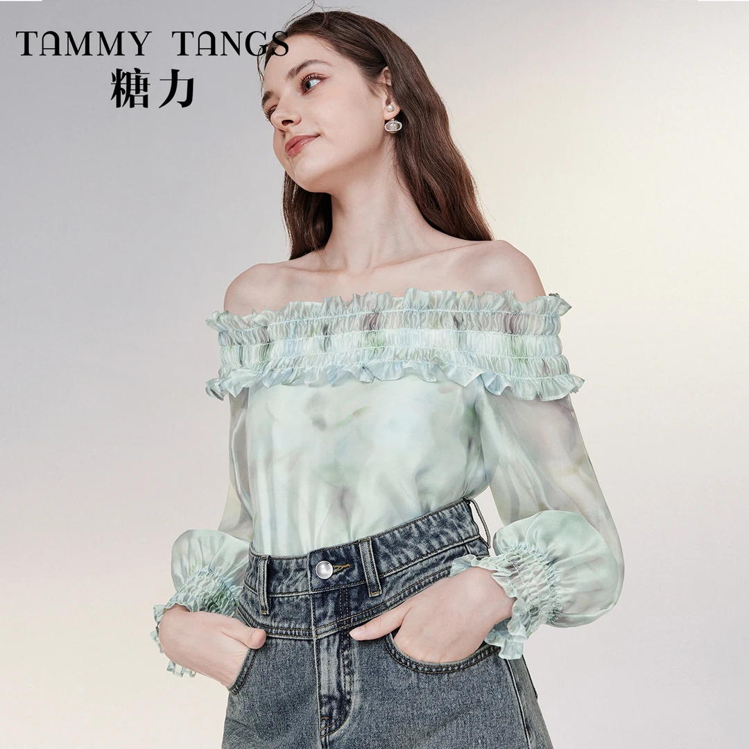 【旗舰店专属】糖力流光纱长袖打揽露锁骨一字肩上衣女春秋