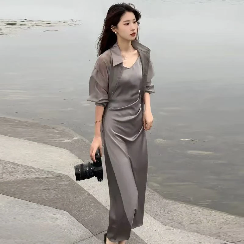 86406#法式夏季新款设计感衬衫连衣裙气质两件套【C1-4】