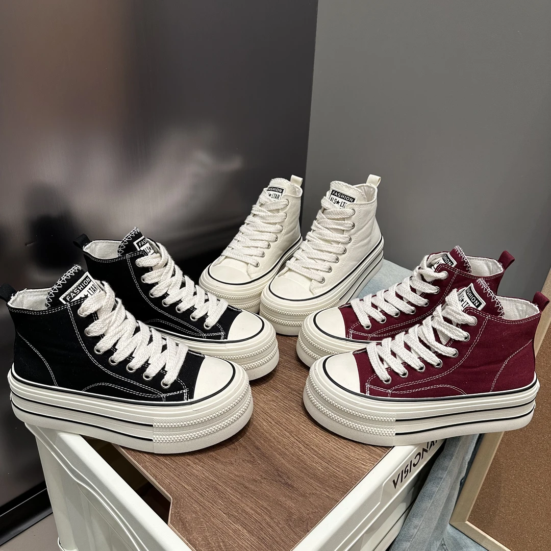 【小六】高帮帆布鞋女2025新款百搭板鞋厚底