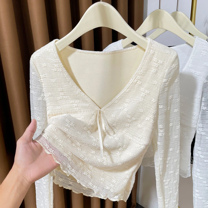 秋冬高级感加绒V领蕾丝上衣女2024新款提花木耳边低胸内搭打底衫