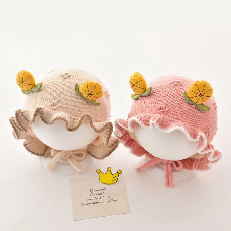 婴儿帽子秋冬新款可爱超萌宝宝花边毛线帽女童公主针织防风护耳帽