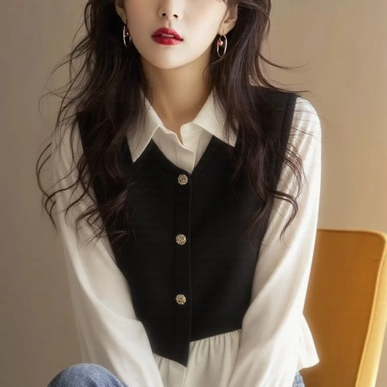今年流行超好看撞色拼接假两件衬衫女2025春季新款洋气别致衬衣服
