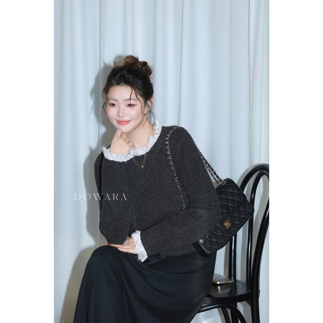 大婉酱微胖定制双层蕾丝拼接设计感毛织上衣女冬季舒适长袖1377D