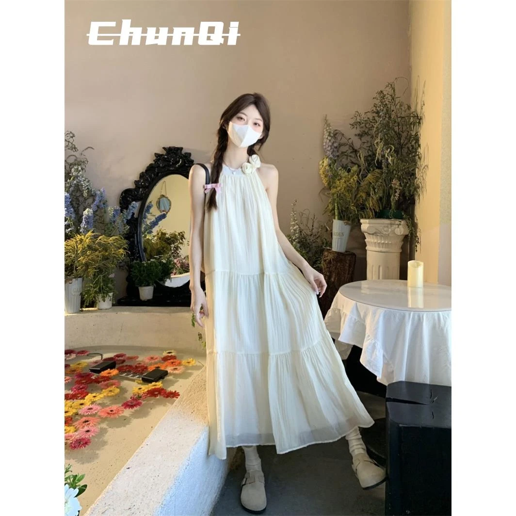 淳启宽松法式挂脖连衣裙夏天女气质杏色超仙长裙夏季海边度假裙子