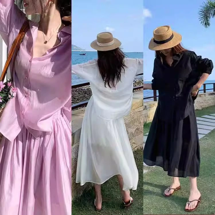 小秋家 早春韩系茶歇莱赛尔混纺宽松衬衫+高腰半身裙套装两件套