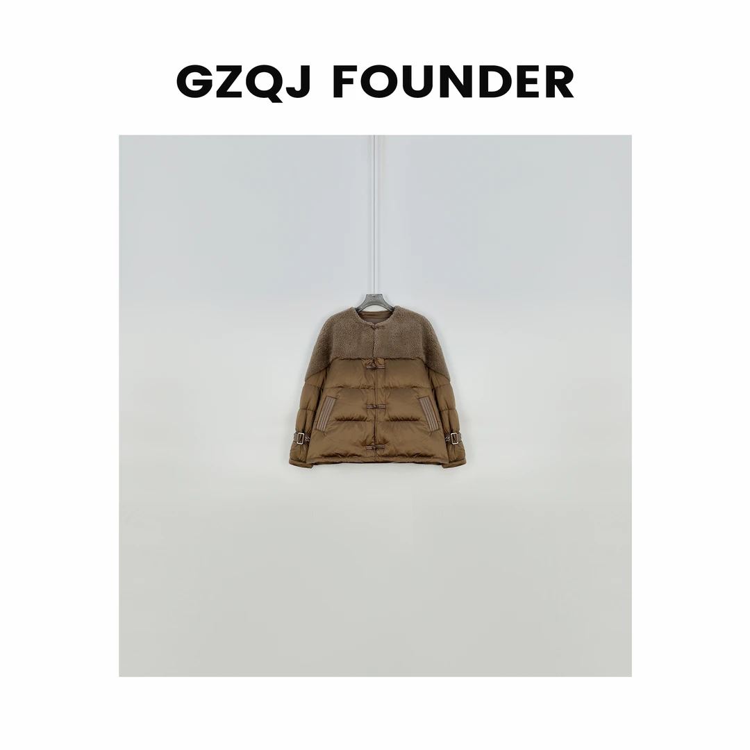 GZQJ【半熟冬日】 设计感拼接绵羊皮毛一体保暖羽绒服外套7198