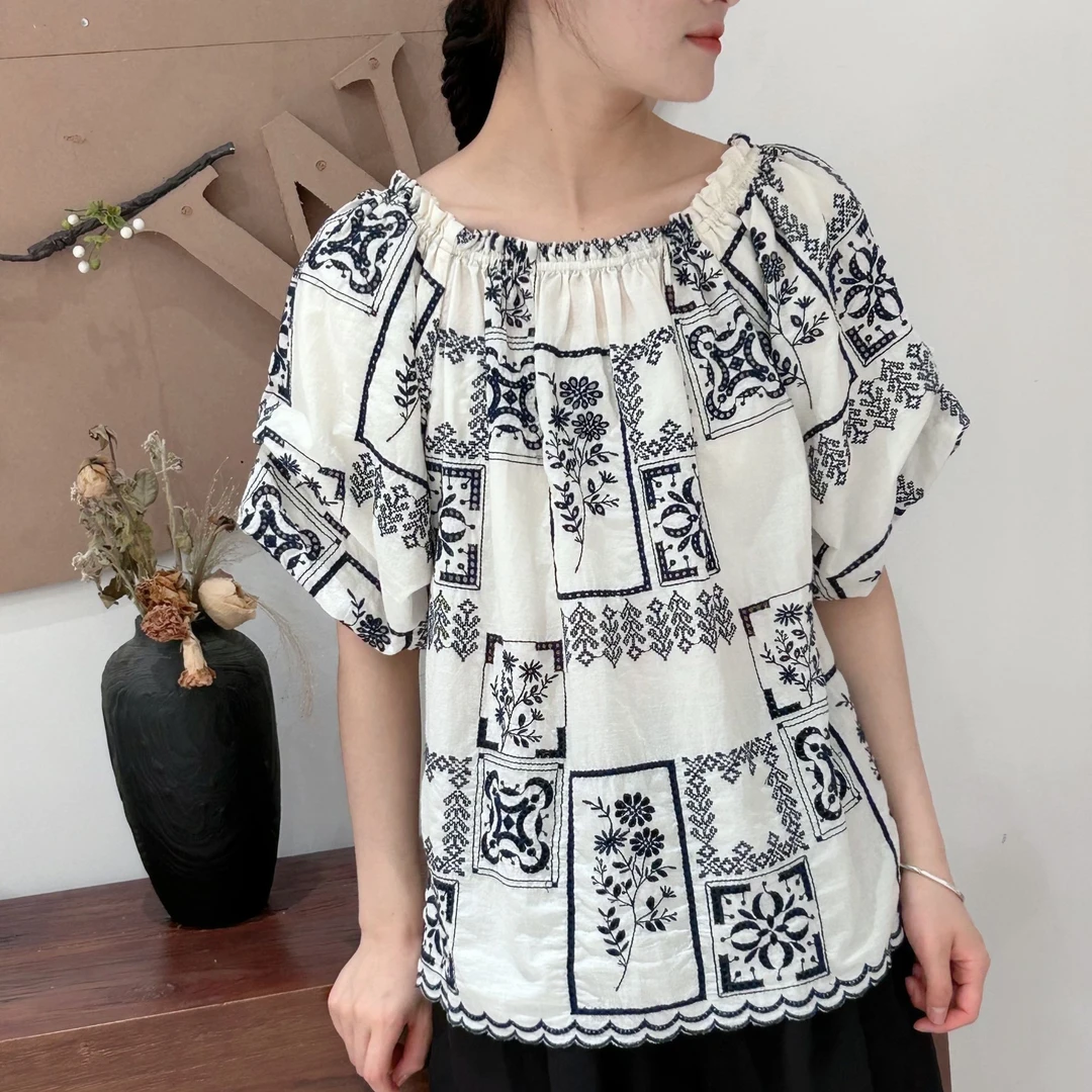 Pada.嘻&wang【可一字肩】复古文艺 重工刺绣小衫 26369 Hi Fortune