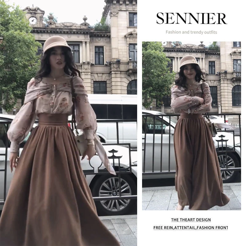 早秋穿搭2025新款复古碎花一字肩长袖上衣显瘦高腰半身裙两件套女