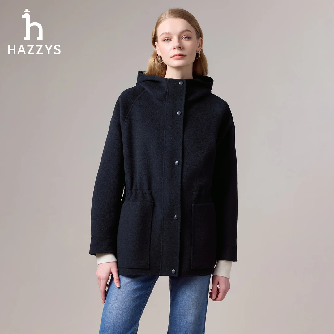 【商场同款】HAZZYS哈吉斯冬季女士休闲毛呢外套百搭连帽羊毛外套