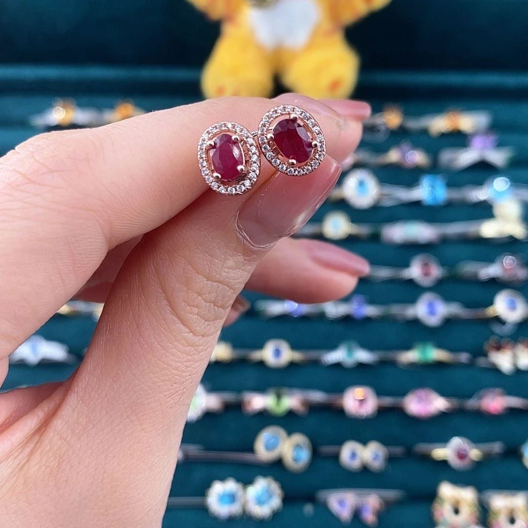 银S925镶嵌耳饰红宝石耳钉