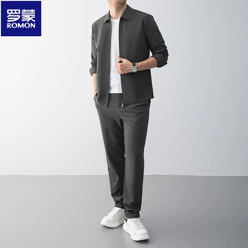 罗蒙男装春秋石墨烯保暖行政夹克休闲运动长裤两件套时尚百搭外套