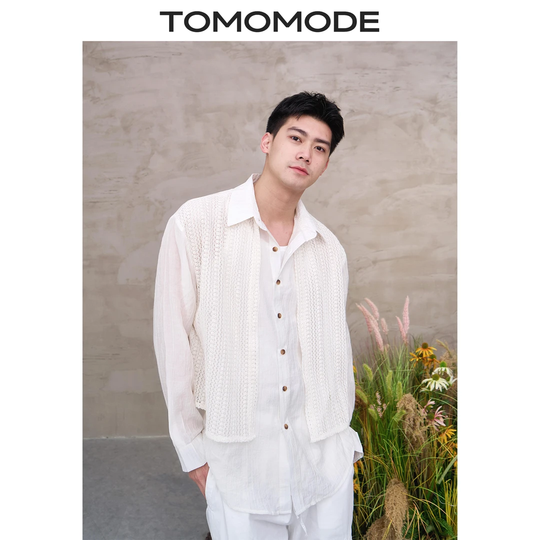 TOMOMODE韩系绸面丝制褶皱质感镂空长袖衬衫假两件设计轻奢上衣