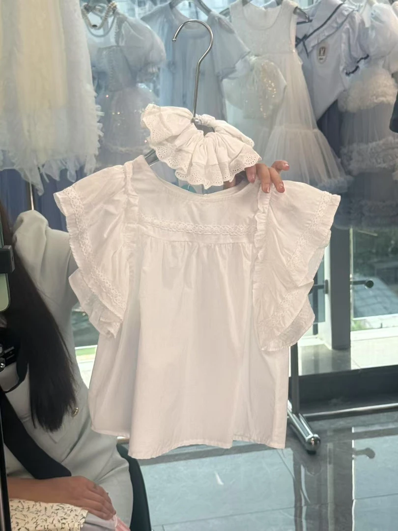 606 纯色夏季衬衫娃娃领女ol童装短袖休闲风上衣白色