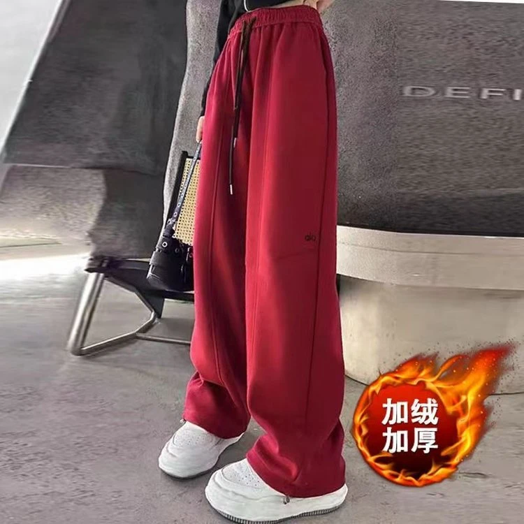 红色加绒裤子女秋冬2025新款今年流行爆款加厚弯刀裤阔腿运动卫裤