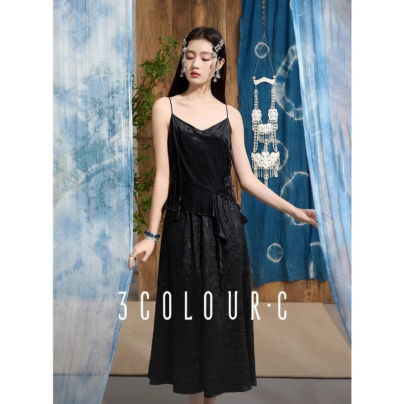 三彩【空明夜光】2025春季新款新中式吊带裙假两件连衣裙长裙女C