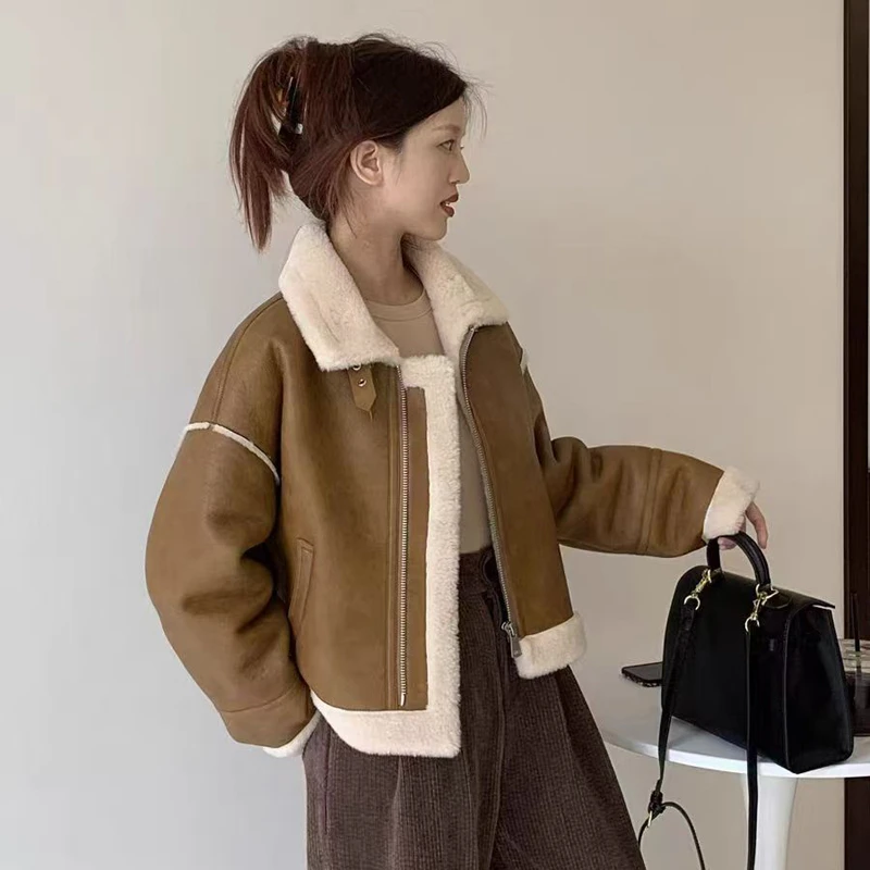 一体羊羔毛机车服女2025春短款高级感外套加厚保暖立领夹克 5366