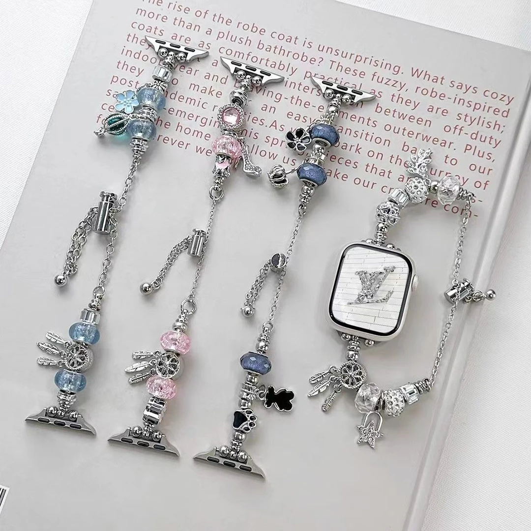 适用新款水晶高级手环苹果表带海洋腕带金属小众手表se手链潘