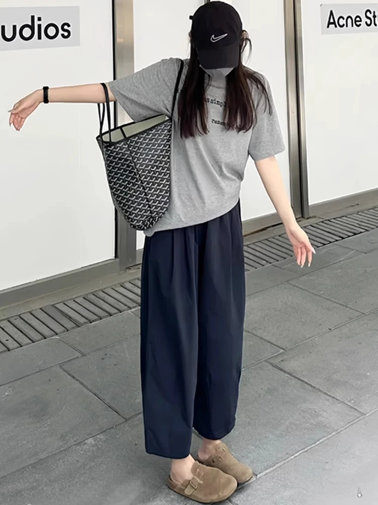 藏青色日系裤子女薄款大码胖mm阔腿休闲裤梨形身材宽松九分气球裤